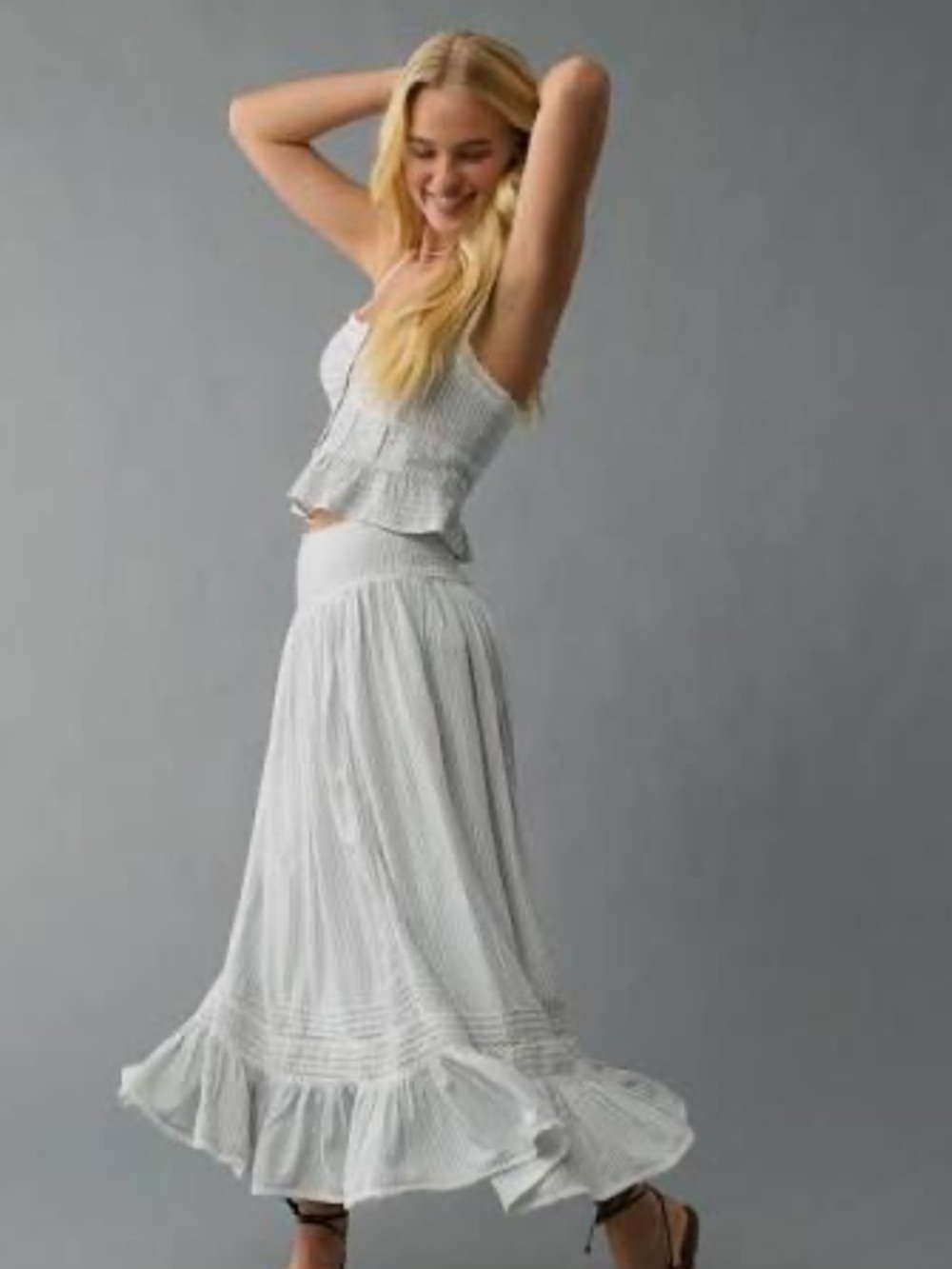 American Eagle Outfitters White Ruffled High-Waist Maxi Skirt